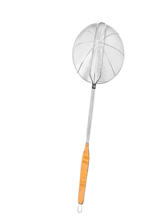 Ferohome Stainless Steel Frying Strainer with Wooden Handle Fine Mesh Skimmer for Deep Frying, Draining Oil for Pakoras Samosas Comes with Built-in Hanging Hole (Wooden Handle, 18 cm) - Image 1